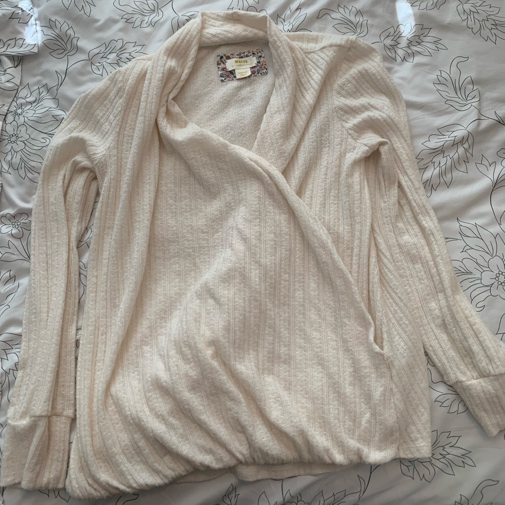 Maeve by Antropologie Cream Faux Wrap Sweater